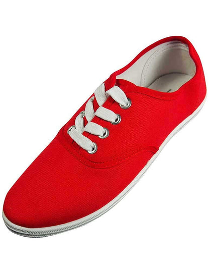 Easy USA Womens Lace Up Canvas Plimsol Sneakers Shoes (7, Red)