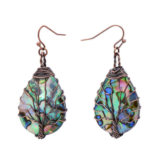 Handmade Teardrop Abalone Shell Dangle Earrings for Women, Wire Craft Tree of Life Earrings