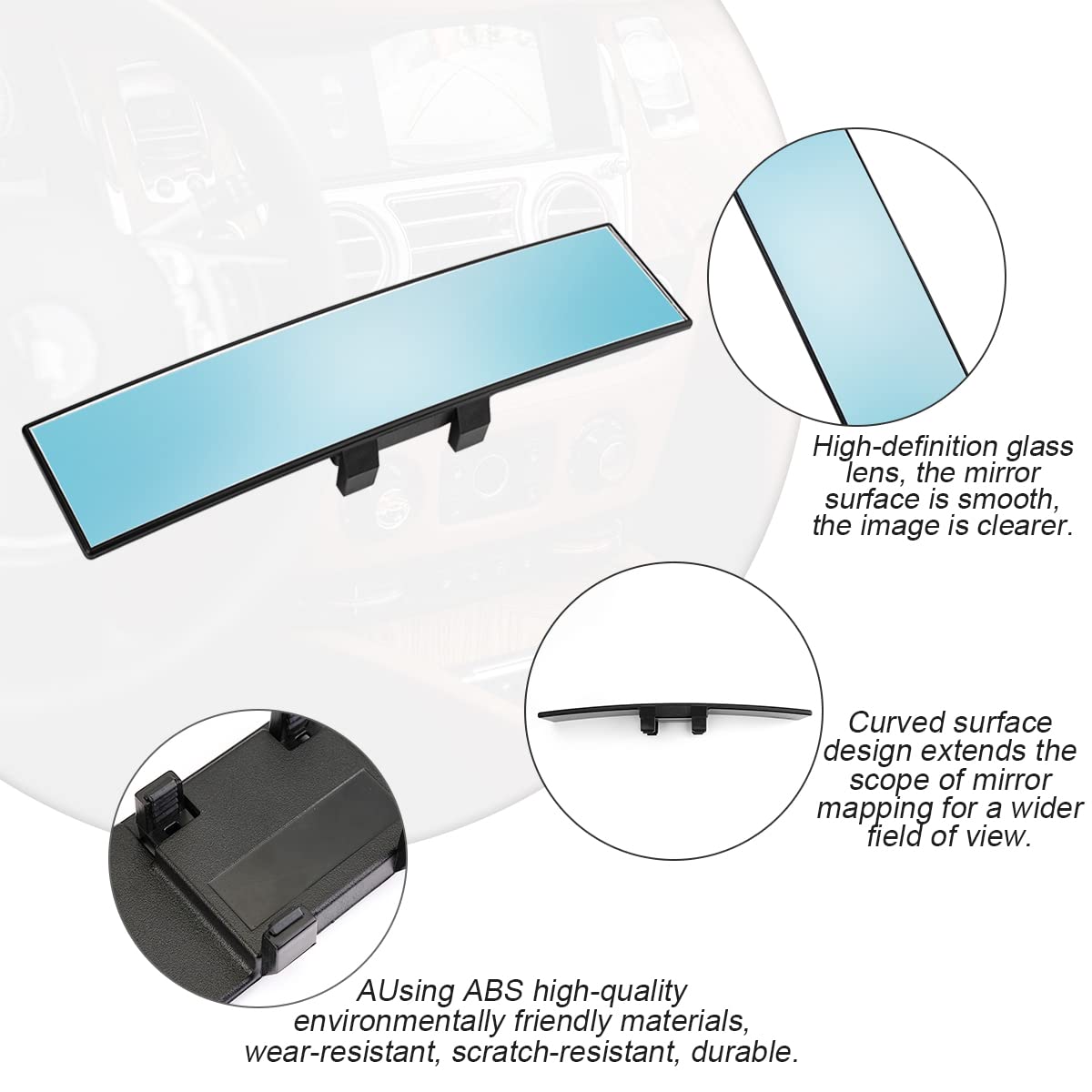Car Rearview Mirror, 12 Inch Panoramic Wide Angle Anti-Glare, Clip on Auto Rear View Mirror, HD Clear Convex Surface, Car Interior Accessories Universal for SUV, Truck, Van, Vehicles (Blue)