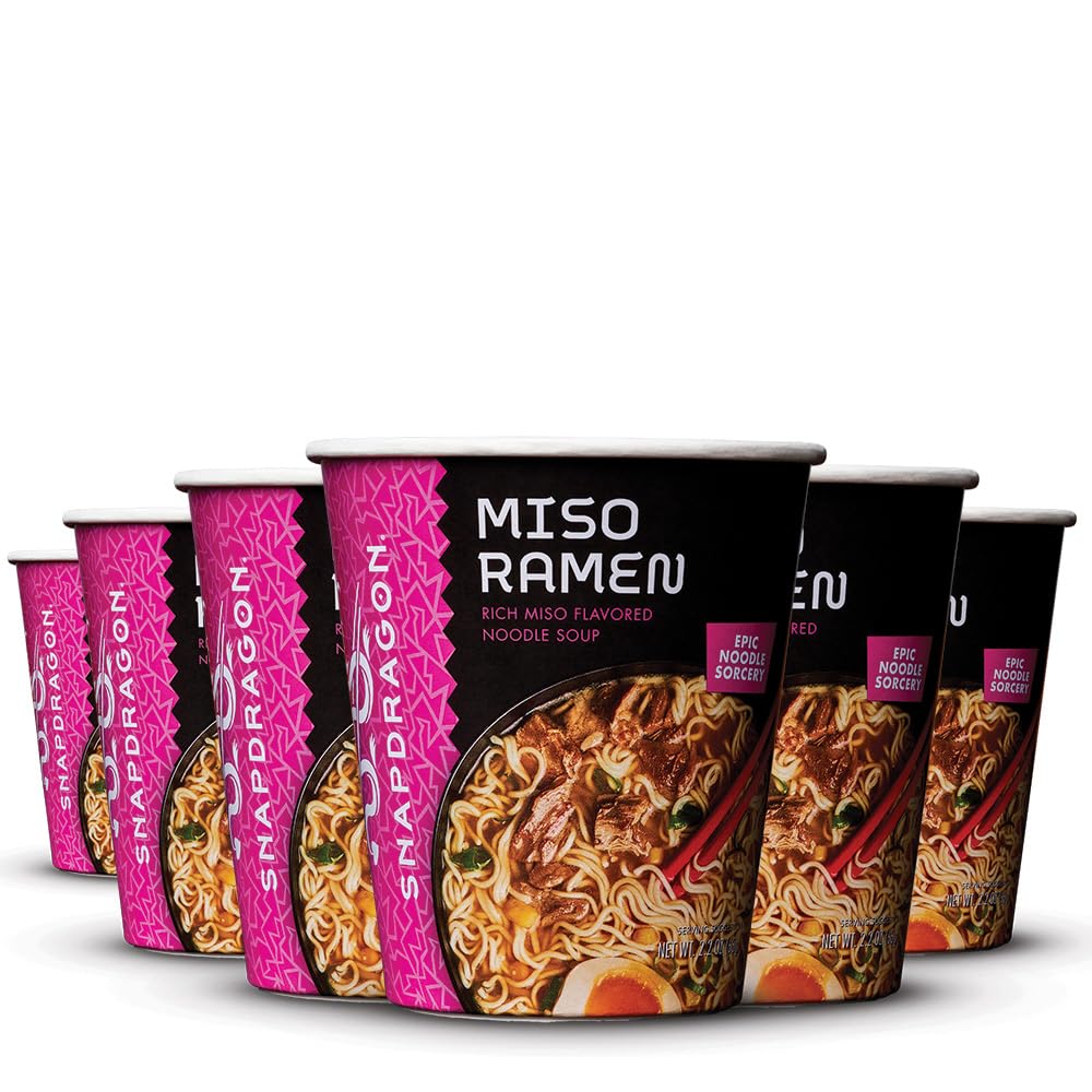 Snapdragon Miso Ramen Cup Noodles - 6 Pack Instant Ramen Bowl with Authentic Wheat Noodles, Soup Sauce Base, Vege Pack and Flavoring Chili Oil. Microwave or Hot Water, Easy Meal Prep
