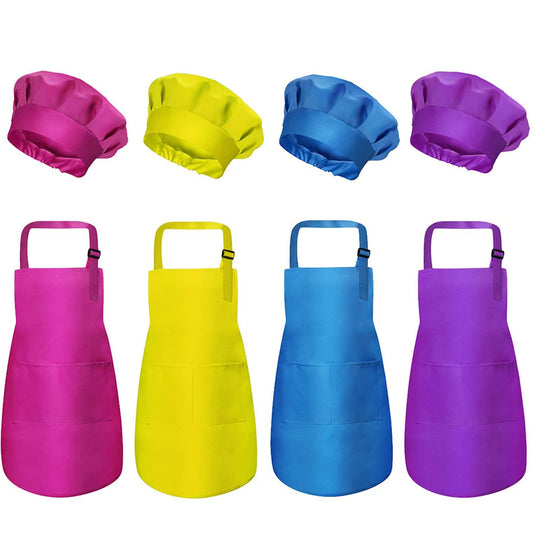 yarachel Kids Apron and Chef Hat Set - 8 Pieces Waterproof and Adjustable Child Aprons with Pockets Kitchen Bib Aprons for Boys and Girls Kitchen Cooking Baking Painting (Medium, Color 2)