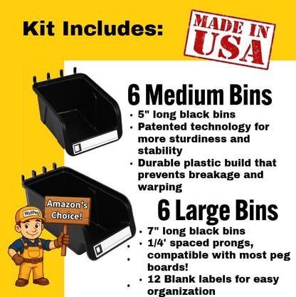 WallPeg Pegboard Bins - 6 Each 7" & 6 Each 5" ORGANIZING Bins - Hooks to Peg Board Panel Organize Hardware Arrange Accessories Workbench Tool Organizer Garage Storage -Made in USA-