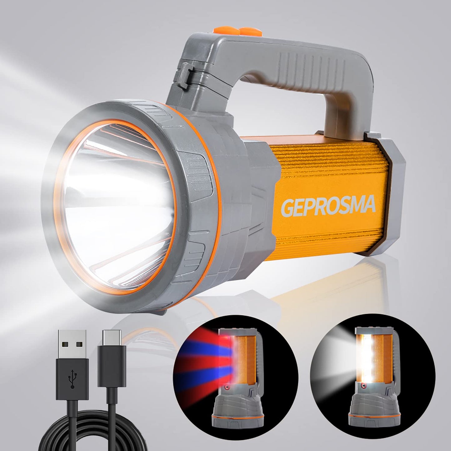 GEPROSMA Multi Functions Rechargeable Led Flashlight High Lumens,Powerful Handheld Spotlight Super Bright Long Range 800yd/Large Battery/Side Lantern,High Powered Searchlight,Home Outdoor