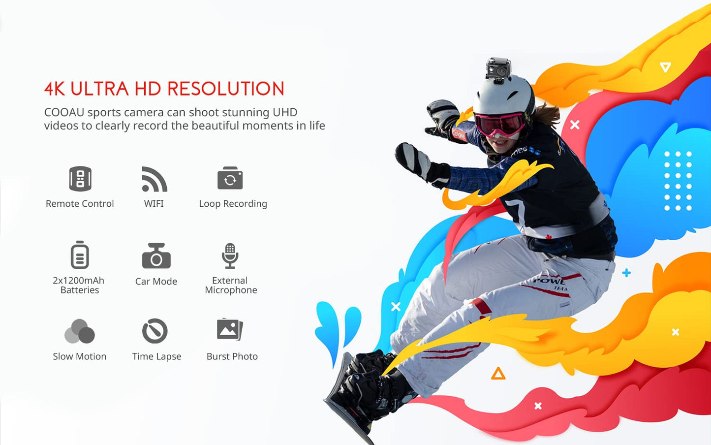 COOAU 4K 20MP Wi-Fi Action Camera External Microphone Remote Control Underwater 40M Waterproof Sport Camera Time Lapse with 2X1200mAh Batteries and 20 Accessories