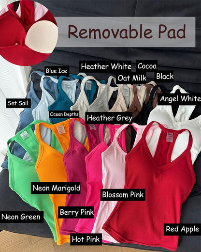 Danysu V Neck Racerback Tank Top for Women with Built in Bra Ribbed Long Tank Fitted Basic Cami Tops Angel White XS