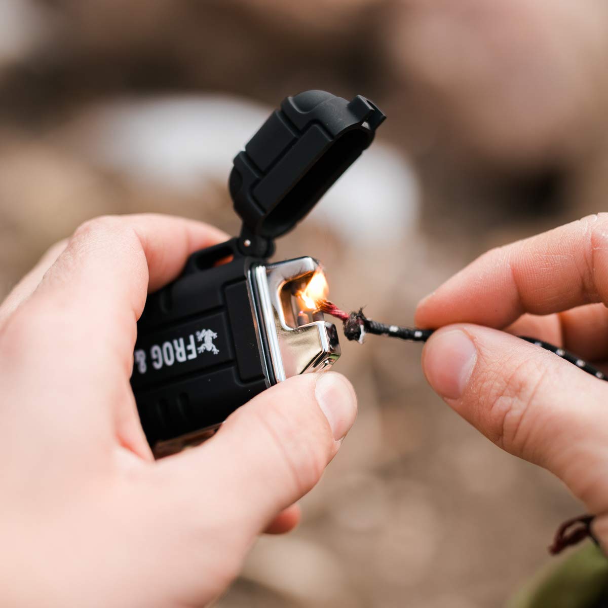 Survival Frog Tough Electric Lighter 2.0 - Waterproof & Windproof Lighters - Flameless Top-Facing Dual Arc Plasma, USB Rechargeable w/Built-in Flashlight, Camping, Survival Fire Starter (Black)