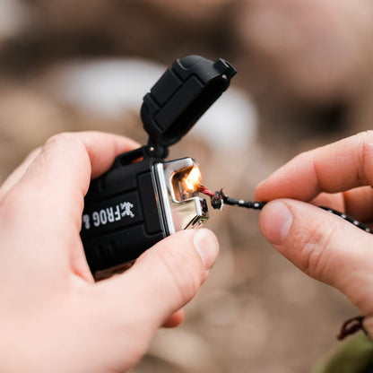 Survival Frog Tough Electric Lighter 2.0 - Waterproof & Windproof Lighters - Flameless Top-Facing Dual Arc Plasma, USB Rechargeable w/Built-in Flashlight, Camping, Survival Fire Starter (Black)