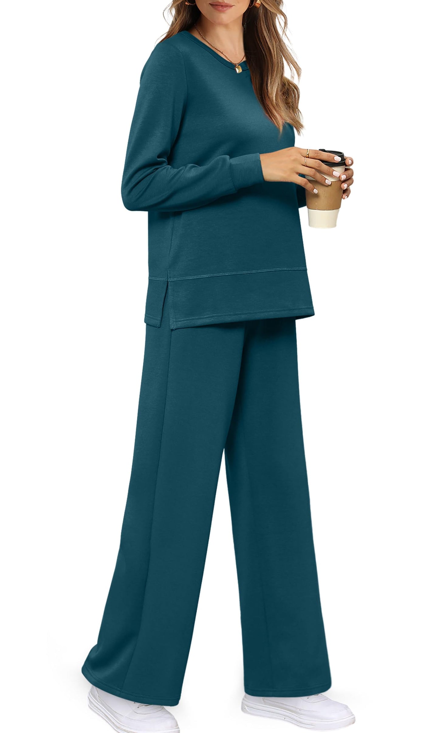 WIHOLL Women's Two Piece Sets Fall Long Sleeve Travel Outfits Trendy Lounge Tracksuit Winter Wide Leg Sweatpants Matching Sweat Set Blue XL