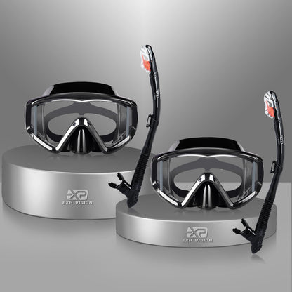 Snorkel Set Pano 3 Window Adult Snorkeling Gear, Professional Snorkel Goggles Anti-Fog Diving Mask, Anti-Leak Swim Goggles and Dry Top Snorkel for Diving, Snorkeling, Swimming (Black-2 Pack)