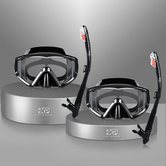 Snorkel Set Pano 3 Window Adult Snorkeling Gear, Professional Snorkel Goggles Anti-Fog Diving Mask, Anti-Leak Swim Goggles and Dry Top Snorkel for Diving, Snorkeling, Swimming (Black-2 Pack)