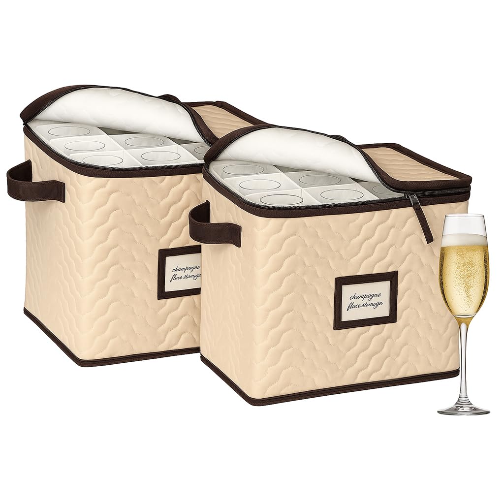 Champagne Flute Storage Boxes with Dividers - Set of 2 - Each Holds 12 Glasses up to 3.75" Wide - Quilted Microfiber Case with Handles - Protects Stemware - Ideal for Champagne & White Wine Glasses