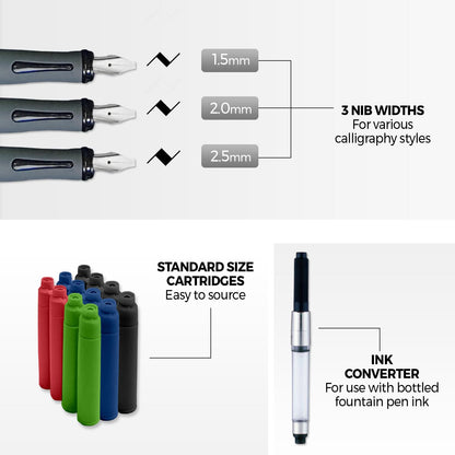Zieler Calligraphy Pen Set - Complete 3 Pen 17-piece Calligraphy Writing Set - Free-Flowing Pens with Soft Rubber Finger Grip - Suitable for All Levels