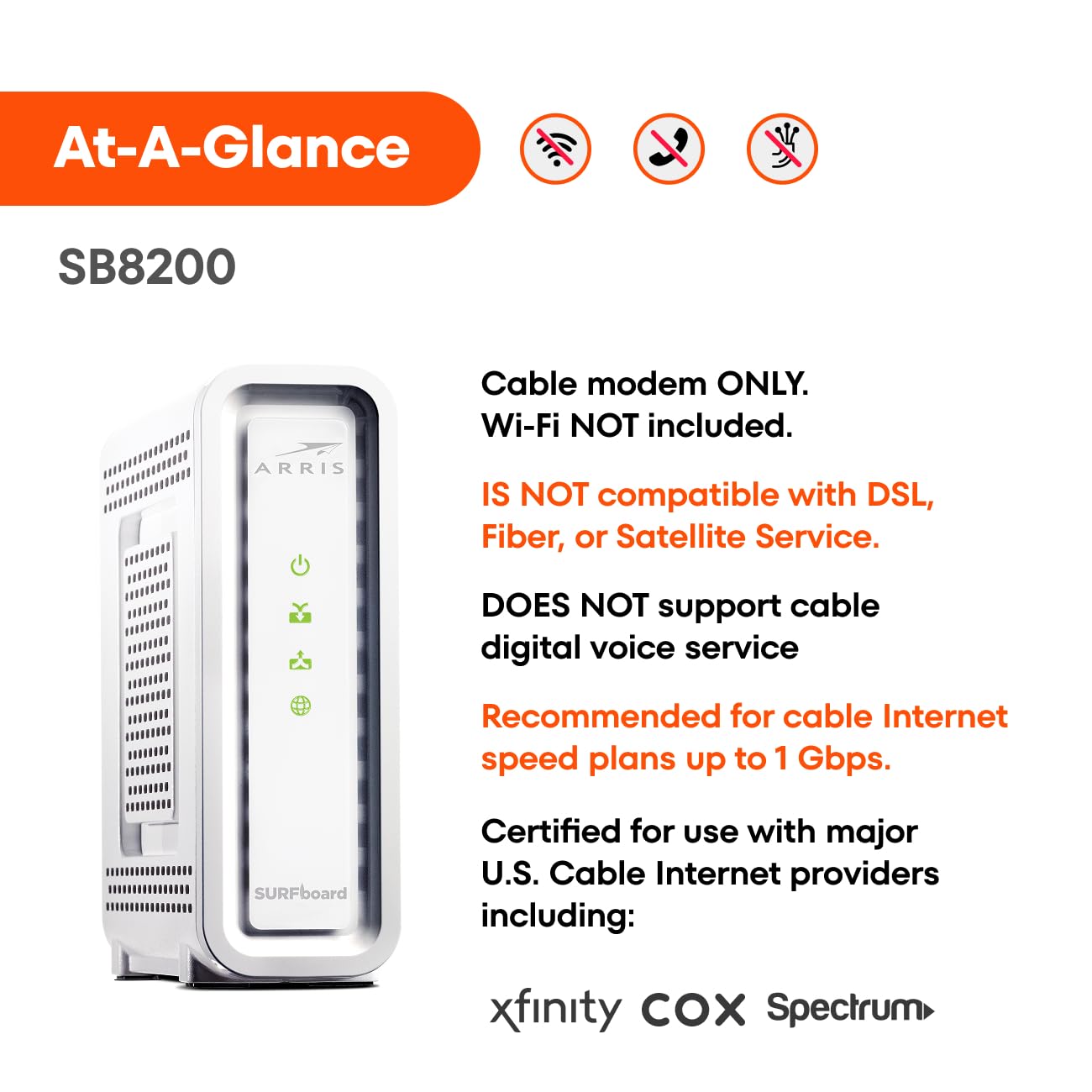 ARRIS (SB8200) - Cable Modem - Fast DOCSIS 3.1 32x8 Gigabit Cable Modem , Approved for Comcast Xfinity, Cox, Charter Spectrum, & more | 1 Gbps Max Internet Speed, 4 OFDM Channels - (No Built-in Wifi)