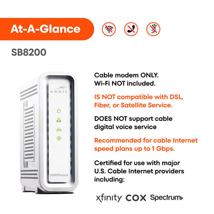 ARRIS (SB8200) - Cable Modem - Fast DOCSIS 3.1 32x8 Gigabit Cable Modem , Approved for Comcast Xfinity, Cox, Charter Spectrum, & more | 1 Gbps Max Internet Speed, 4 OFDM Channels - (No Built-in Wifi)
