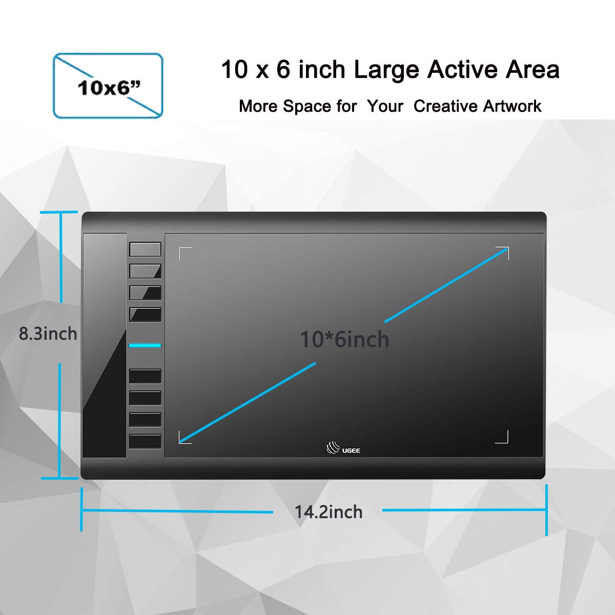 Graphics Drawing Tablet, UGEE M708 10 x 6 inch Large Drawing Tablet with 8 Hot Keys, Passive Stylus of 8192 Levels Pressure, UGEE M708 Graphics Tablet for Paint, Design, Art Creation Sketch Black