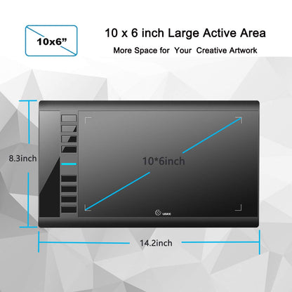 Graphics Drawing Tablet, UGEE M708 10 x 6 inch Large Drawing Tablet with 8 Hot Keys, Passive Stylus of 8192 Levels Pressure, UGEE M708 Graphics Tablet for Paint, Design, Art Creation Sketch Black