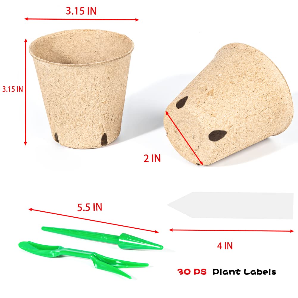 Baxrou 120 Pack 3.15 Inch Peat Pots Plant Starters for Seedling, Herb Seed Starter Pots Kits, Garden Germination Nursery Pot wit 30 Plant Labels, 2 Transplant Tools.