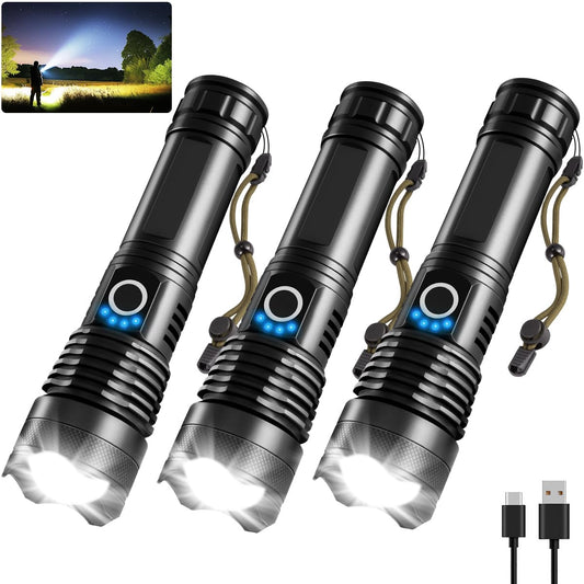 UUYEE 3Pack Rechargeable Flashlights High Lumens, Super Bright Flashlight, 5Modes LED Flashlight Rechargeable, Adjustable Tactical Flashlights High Powered, Flash Lights for Emergency Camping Home