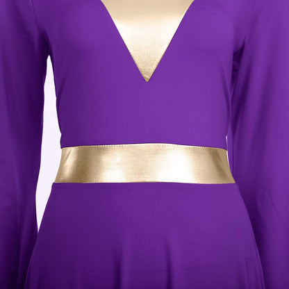 Women Girls Adult Full Length Bell Long Sleeves Loose Fit Liturgical Praise Dance Dress Ruffle Swing Casual Ballet Dance Costume Birthday Party Outfit Maxi Gowns Ballet Praisewear Purple + Gold XS
