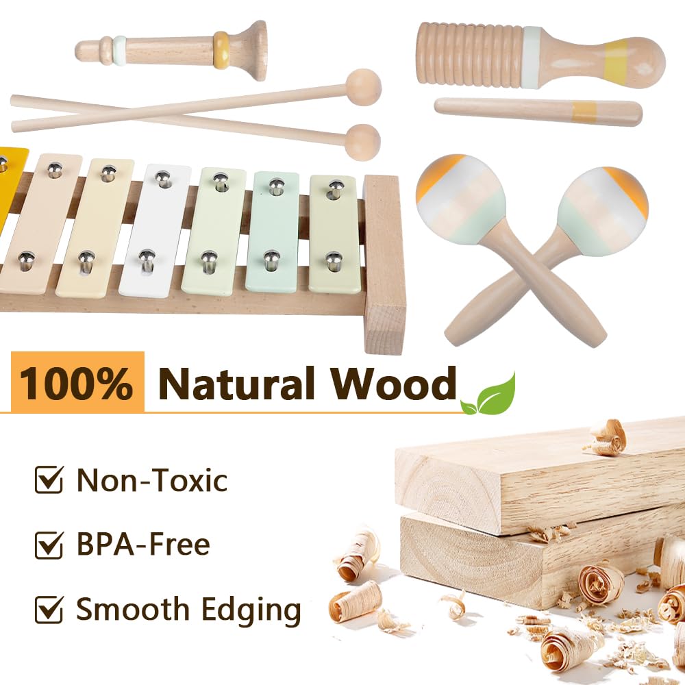Baby Musical Instruments-Montessori Wooden Toys for Toddlers 1-3,Neutral Colors Percussion Instruments Set with Modern Boho Xylophone for Kids Preschool Educational 3+