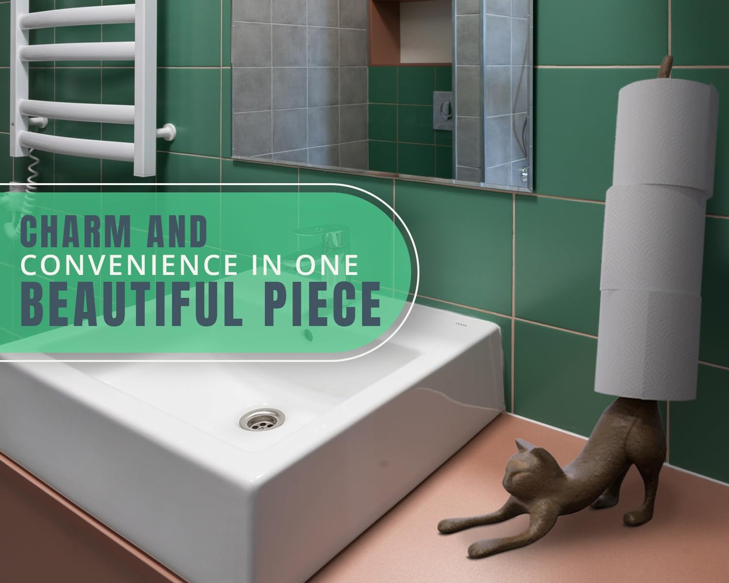 Yoga Cat Decorative Paper Towel Holder or Toilet Paper Holder - Adorable Downward Dog Pose Kitty - Cast Iron Paper Towel Stand - Antiqued Cast Iron Storage - Multiple uses - 19” Tall