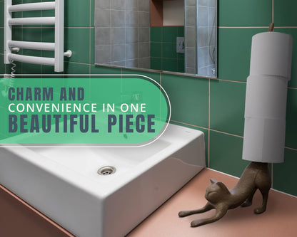 Yoga Cat Decorative Paper Towel Holder or Toilet Paper Holder - Adorable Downward Dog Pose Kitty - Cast Iron Paper Towel Stand - Antiqued Cast Iron Storage - Multiple uses - 19” Tall