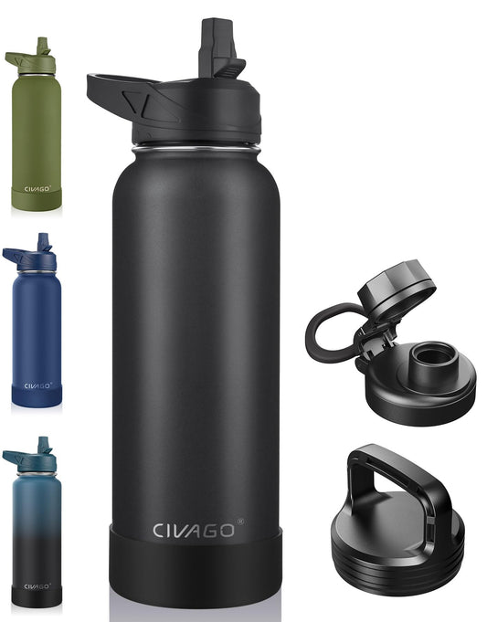 CIVAGO 40 oz Insulated Water Bottle With Straw, Stainless Steel Sports Water Cup Flask with 3 Lids (Straw, Spout and Handle Lid), Double Walled Travel Thermal Canteen Mug, Midnight Black