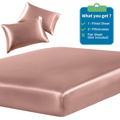 SiinvdaBZX 3-Piece Set Satin Queen Fitted Sheet & 2 Pillowcase, Champagne Silky Soft Fitted Bottom Sheet, Wrinkle Free, Fade Resistant, Deep Pocket Bed Sheet (Deep Up to 15")