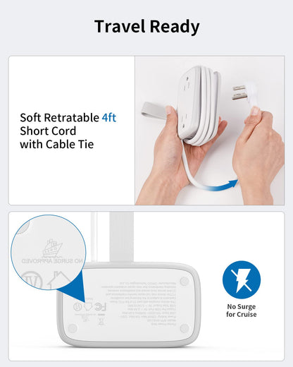 Travel Power Strip with USB 2 Pack, NTONPOWER 4 Outlets and 3 USB with 4Ft Short Extension Cord, Small Portable Desktop Charging Station for Cruise Ship, Home Office, White