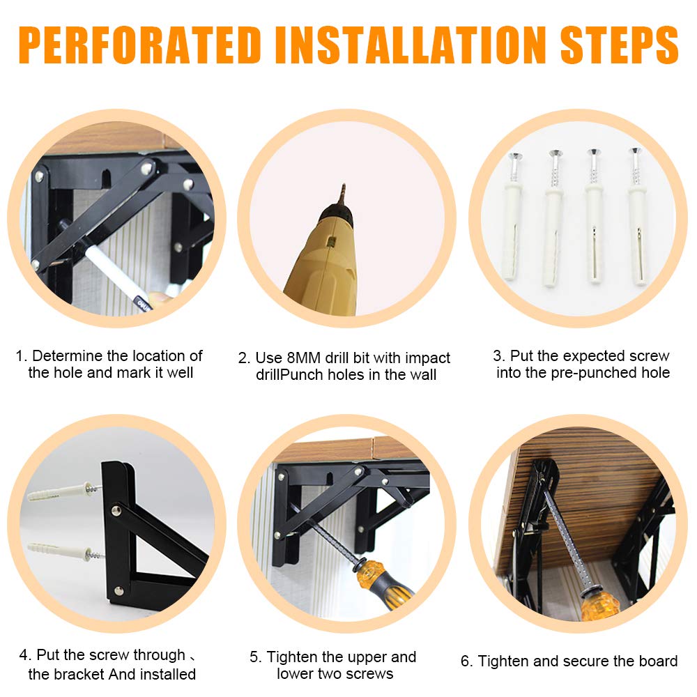 Storystore Folding Shelf Brackets - 10 Inch Heavy Duty Metal Collapsible Shelf Bracket for Bench Table, Shelf Hinge Wall Mounted Space Saving DIY Bracket, Max Load: 150 lb (2 PCS, Black)