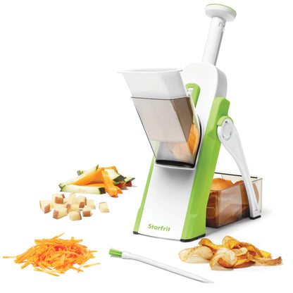 Starfrit Pump'n'Slice - Vertical Mandoline, Food Chopper, Slicer - Precision Adjustable Slicing, Julienne, Dicing - Safe Enclosed Blades, Fold for Storage - High Efficiency Spring Pump - Cleaning Tool