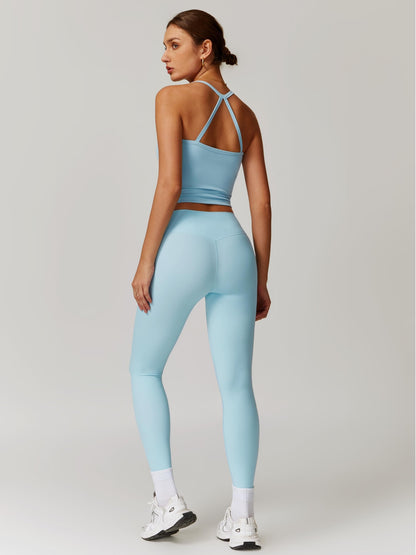 Womens Workout Sets Two Piece Seamless Stretch Cross Back Tank Top Matching Tummy Control High Waist Leggings Set 2 Piece For Women Gym Yoga Active Wear Outfits Athletic Work Out Clothes Blue S