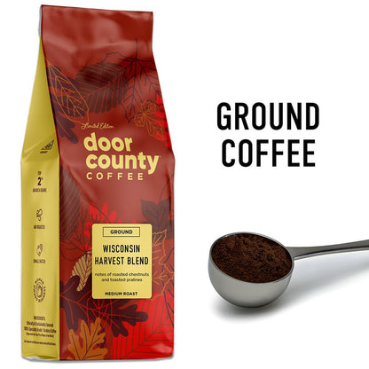 Door County Coffee Wisconsin Harvest Blend Flavored Coffee Ground - 8 oz Bag - Fall Seasonal - Medium Roast - 100% Specialty Arabica - Roasted Chestnuts & Toasted Pralines
