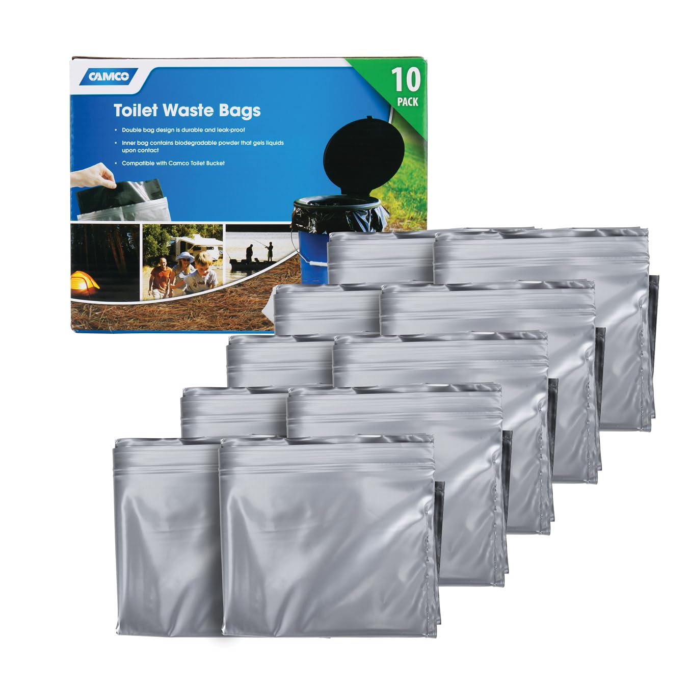 Camco Toilet Waste Bags - Features Biodegradable Powder & Leak Proof Double Bag Design - Great for Camping, RVing, Hiking, or Boating - 10-Pack (41548)
