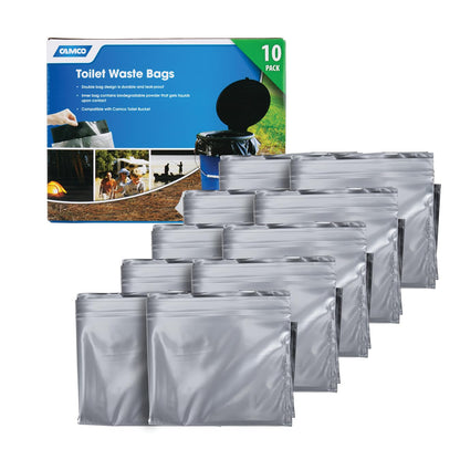 Camco Toilet Waste Bags - Features Biodegradable Powder & Leak Proof Double Bag Design - Great for Camping, RVing, Hiking, or Boating - 10-Pack (41548)
