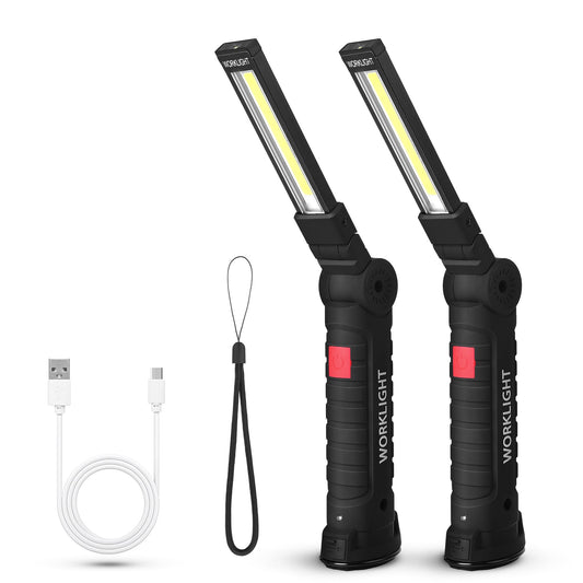 Suranew LED Worklight Flashlight, COB Rechargeable Work Lights with Magnetic Base 360 Degree Rotate and 5 Modes Portable Flood Light Inspection Construction Light for Car Repair (Black Green, 2 Pack)