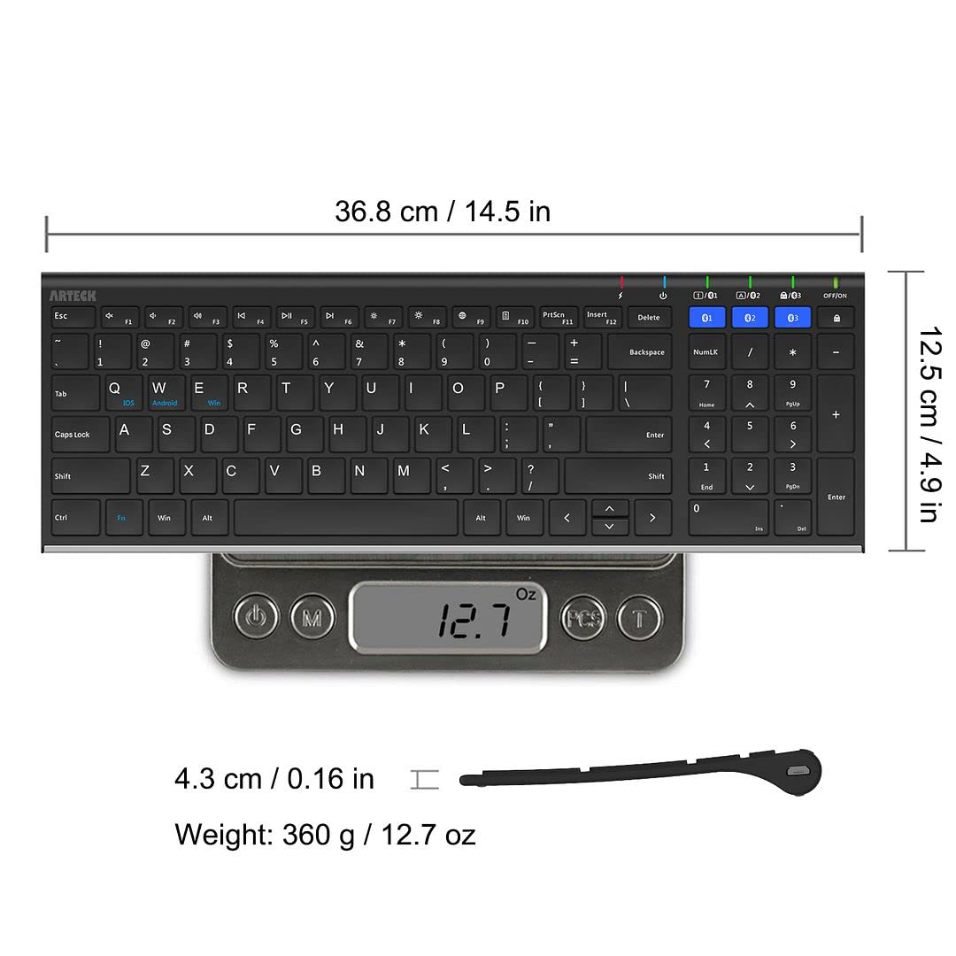 Arteck HB193 Universal Bluetooth Keyboard Multi-Device Stainless Steel Full Size Wireless Keyboard for Windows, iOS, Android, Computer Desktop Laptop Surface Tablet Smartphone Rechargeable Battery