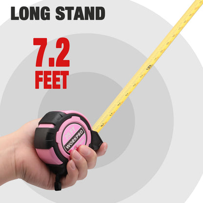 WORKPRO 25FT Pink Tape Measure, 1/8 Fractions Easy Read Measuring Tape, Retractable Nylon Coating Measurement Tape Accuracy 1/32, Magnetic Hook, Belt Clip, Rubber Protective Casing - Pink Ribbon