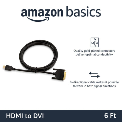Amazon Basics HDMI to DVI (Male) Adapter Cable, Bi-Directional 1080P, 6 ft/1.8 m, Gold-Plated, Easy to Install, Single Pack for Television, Black