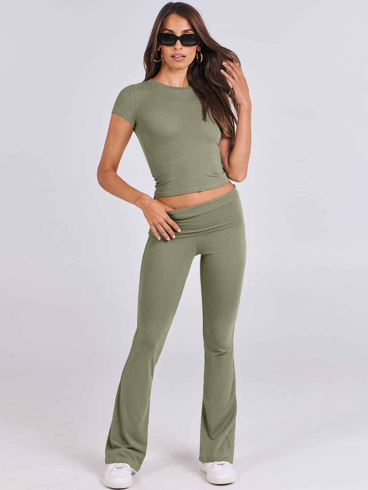 ANRABESS Lounge Sets for Women 2 Piece Foldover Yoga Flare Leggings Pants Crop Tops Casual Y2K Outfits Matching Tracksuit Set Olive Small