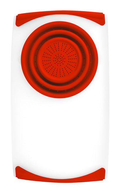 Dexas Over the Sink Poly Cutting Board with Collapsible Colander Strainer, 11.5 x 20",Natural/Red