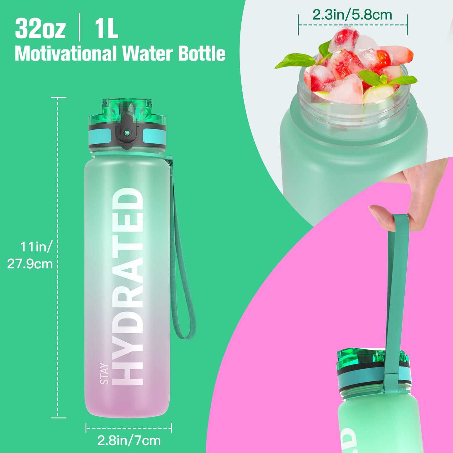 Sahara Sailor Water Bottle 32oz, Durable and Leakproof Water Bottles Motivational with Time Marker, Tritan, BPA Free, Wide Mouth with Easy Clean Brush for Gym, Travel, Home, School, Office (1 Bottle)