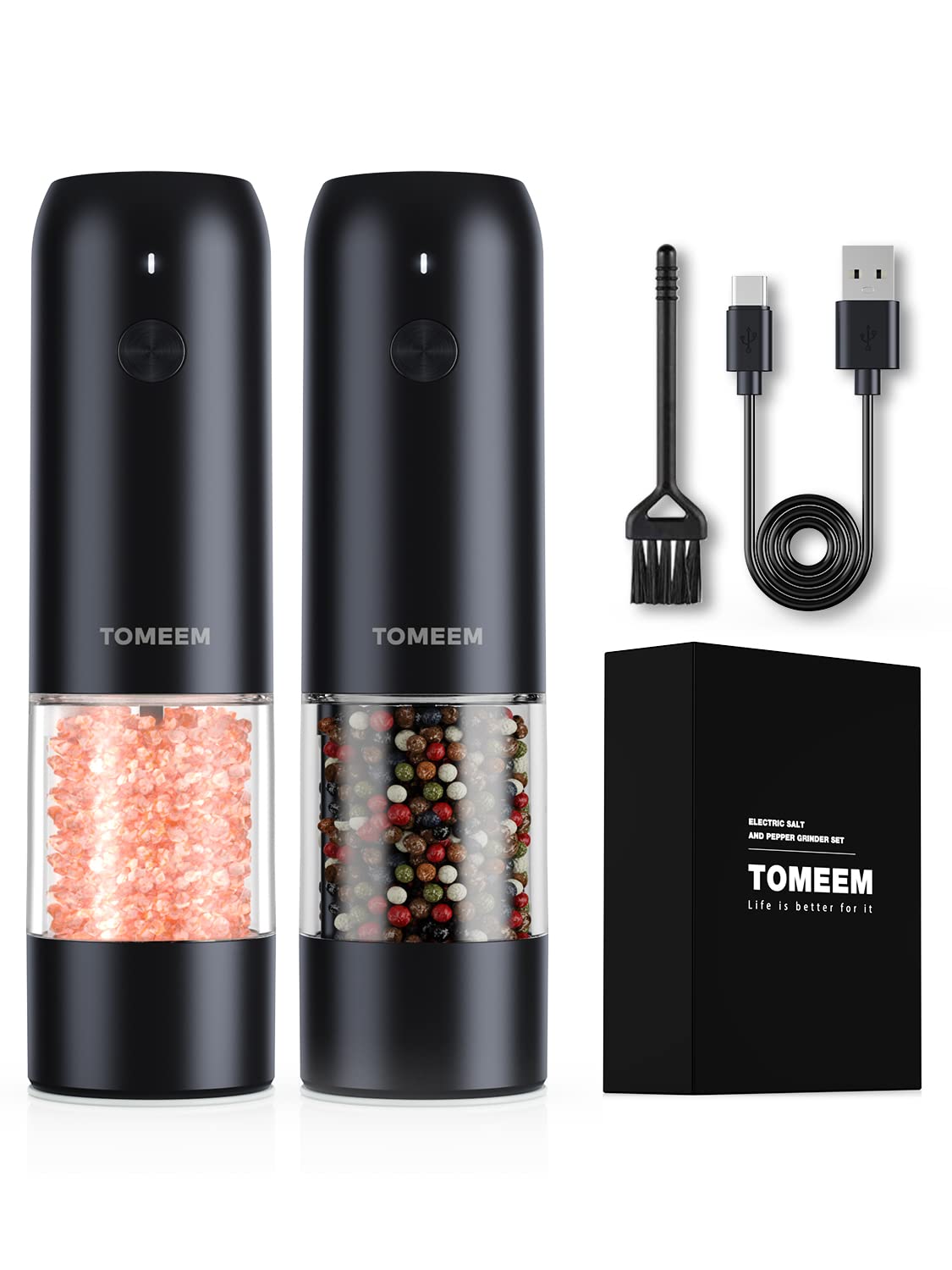 Upgraded Larger Capacity: Electric Salt and Pepper Grinder Set Rechargeable with LED lights - Stainless Steel Automatic Pepper and Salt Grinder Refillable with 6 Adjustable Coarseness