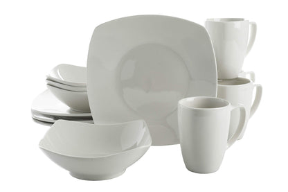 Gibson Home Amelia Court Porcelain Chip and Scratch Resistant Dinnerware set, Service for 4 (12pcs), White (Soft Square)