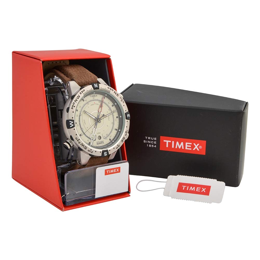 Timex Men's T2N721 Intelligent Quartz Compass Tide Temperature Silver Case Brown Strap Watch