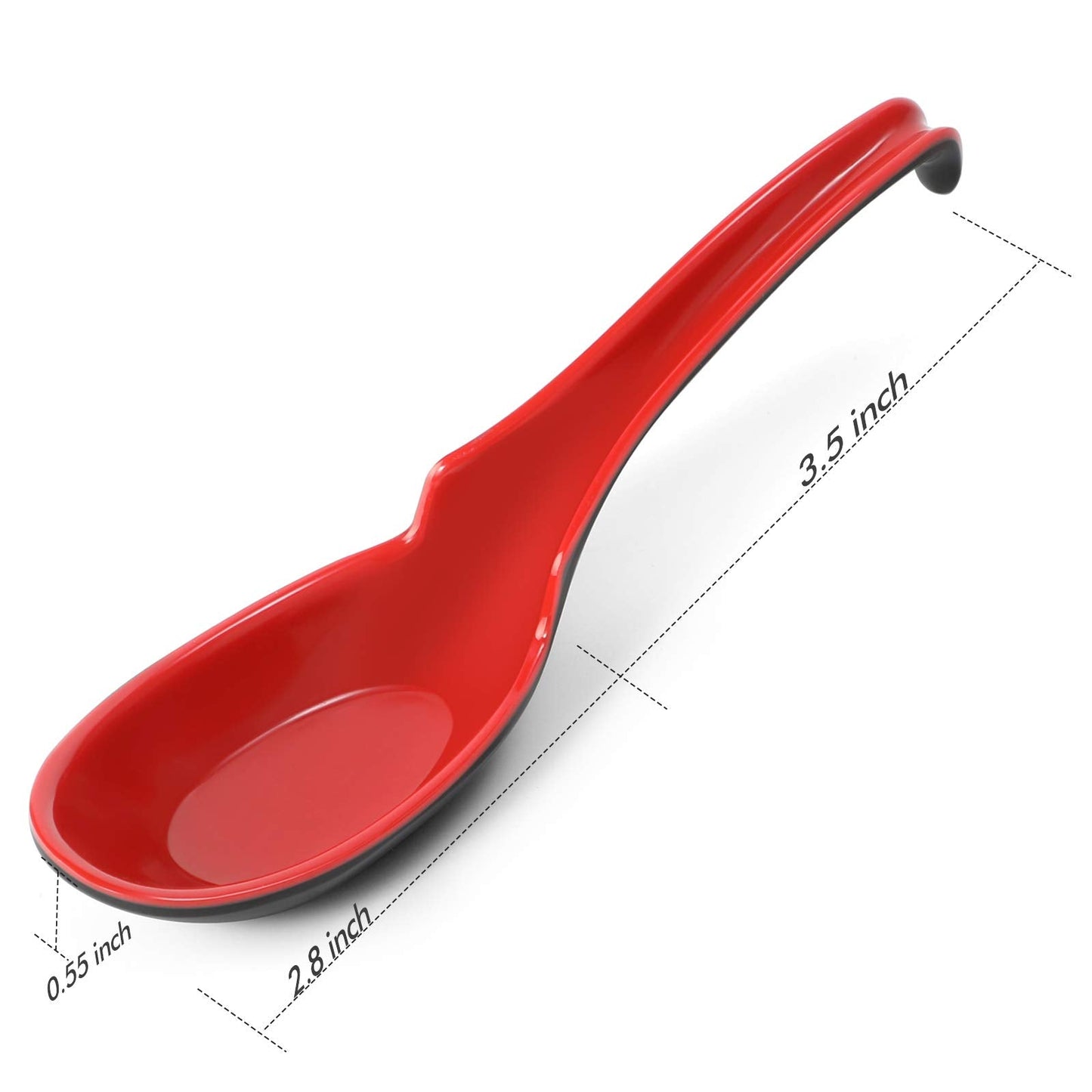 12 PACK Asian Soup Spoons, Rice Spoons, Melamine Chinese Won Ton Soup Spoon For soba, pho, ramen, Noodle, Korean Style Large Spoon with Long Handle- Notch and Hook Style, Red ＆ Black