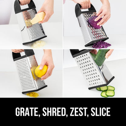 GORILLA GRIP XL 4-Sided Cheese Grater With Container, 100% BPA-Free Stainless Steel Box Graters, Parmesan Shredder, Grate Cheeses, Shred Veggies, Slip Resistant Handle, Dishwasher Safe Zester, Black