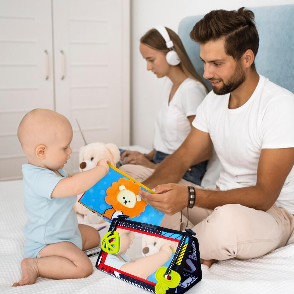 Teytoy Tummy Time Newborn Mirror - Infant Toys 0-3 Months with Brain Developmental Baby Mirror, Cloth Book & Teethers, High Contrast Black and White Sensory Toys for 4-12 Months