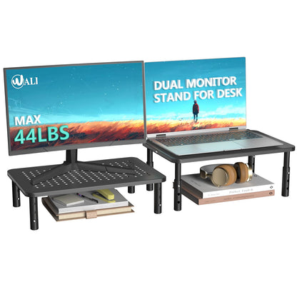 WALI Dual Monitor Stand for Desk, Desk Monitor Riser 3 Height Adjustable, Laptop Riser with Airflow Vents, Desk Organizer for Computer, Laptop, Printer, Notebook (STT003-2), 2 Pack, Black