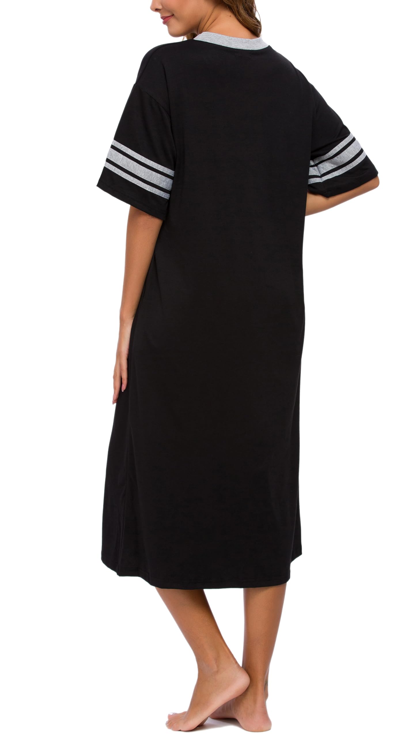 Vslarh Women's Nightgown Long Loungewear Short Sleeve Sleepshirt V Neck Pajama Dress with Pockets S-3XL Black